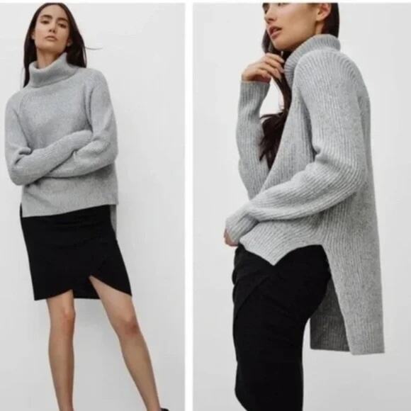Aritzia Wilfred Free Grey Lin High Low Merino Wool Turtleneck Sweater Size XXS - Picture 1 of 8